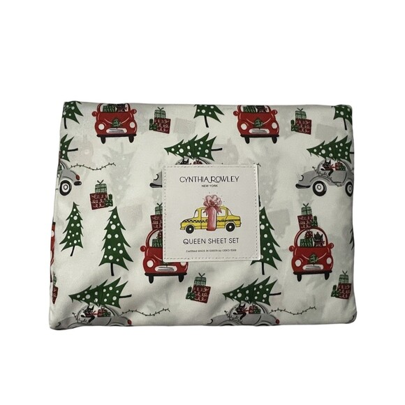 NWT Cynthia Rowley CHRISTMAS TREE TRAVEL CATS Queen Size Sheet Set - Picture 1 of 2